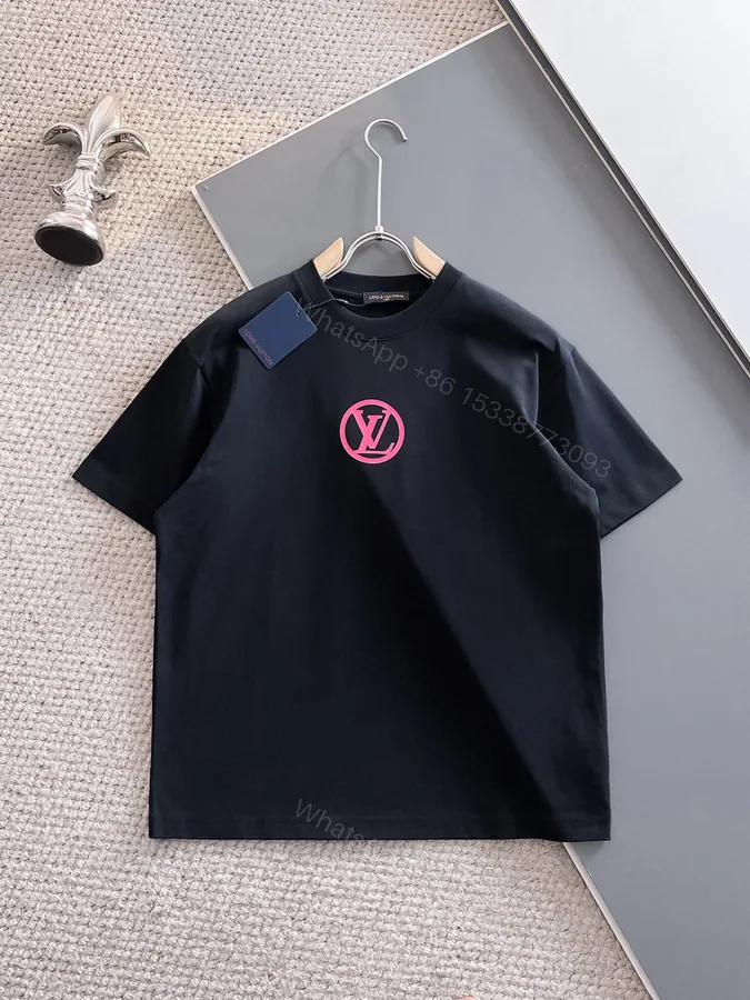 View 1 of LV精品仿製黑色短T 粉紅圓圈LOGO簡約設計 男款夏季百搭上衣