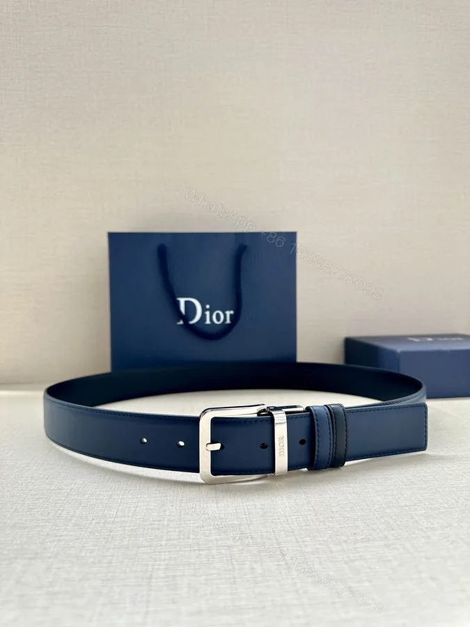 View 1 of Dior高仿皮帶 男士藍色牛皮銀扣款 經典平頭造型正裝百搭