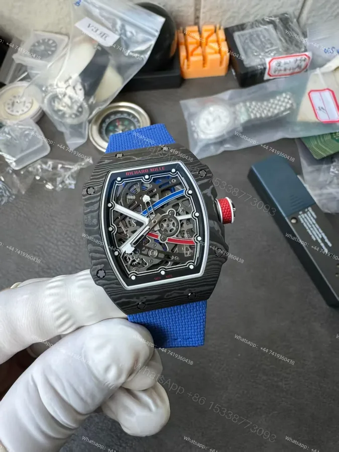 View 1 of Super Clone Richard Mille RM67-02 Carbon TPT Skeleton Tourbillon 1:1 Replica Watch with Blue Strap