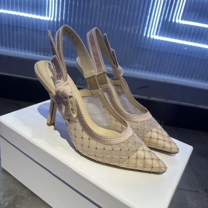 View 1 of 高仿Dior*JAdior系列KCV040尖頭露跟高踭鞋網面6.5CM粉色免檢版