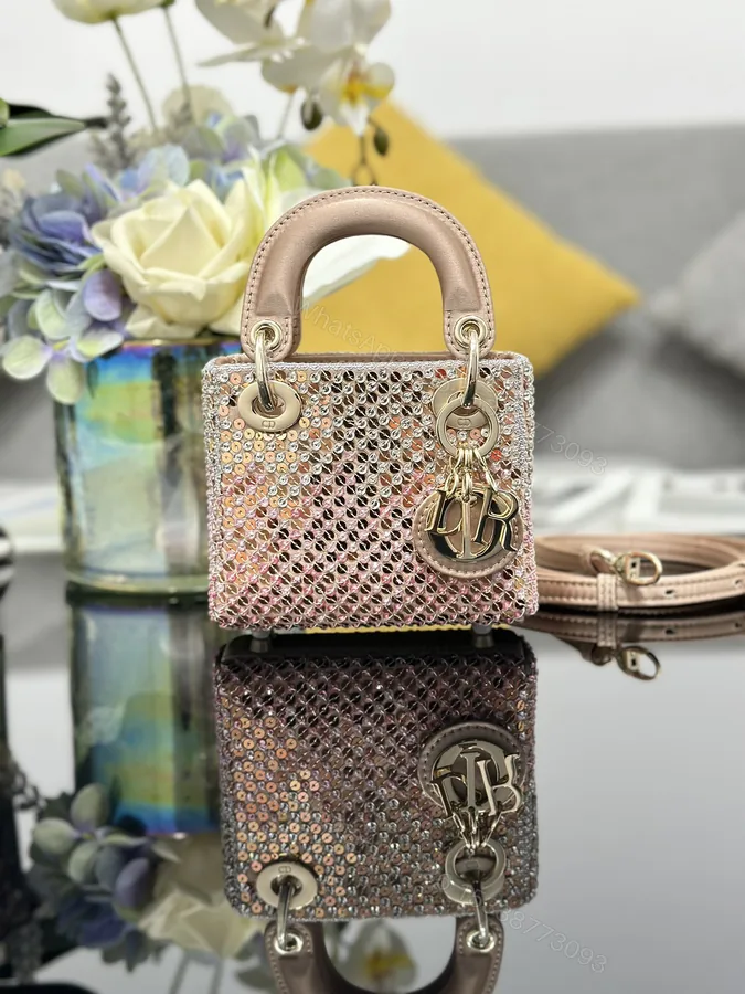 View 1 of 高仿Dior Lady Dior亮片迷你包 粉金色時尚手提包