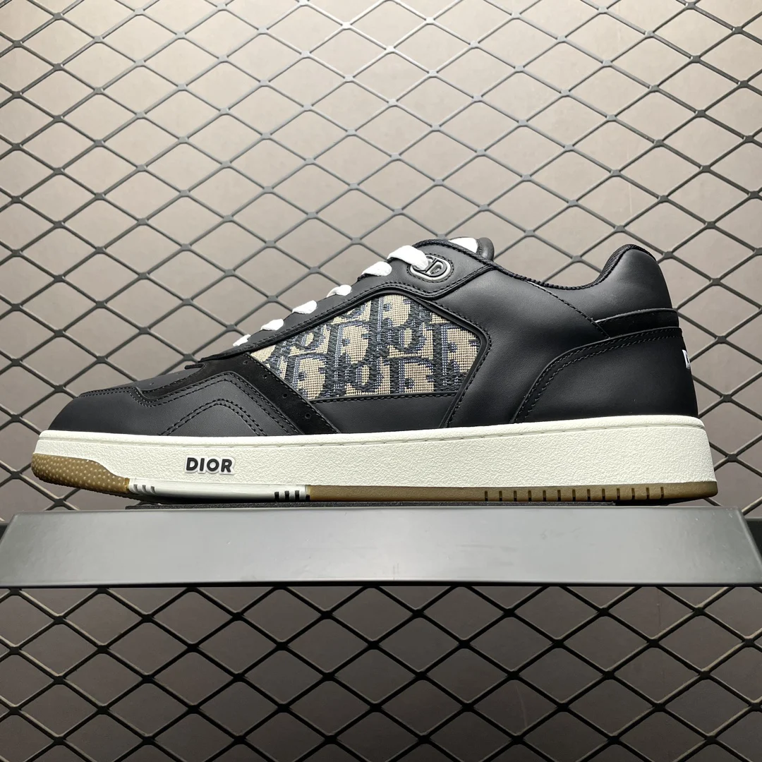 Dior B27 Uptown Low-Top Sneaker | Black Calfskin with Beige and Black Oblique