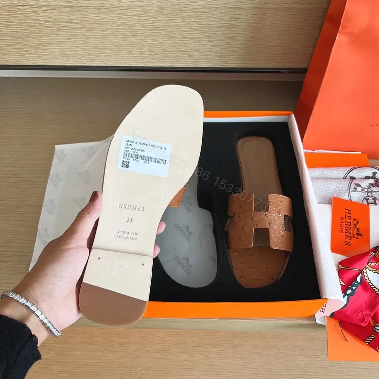 View 6 of Ostrich-Embossed Hermes-Style Sandals: Refined Comfort