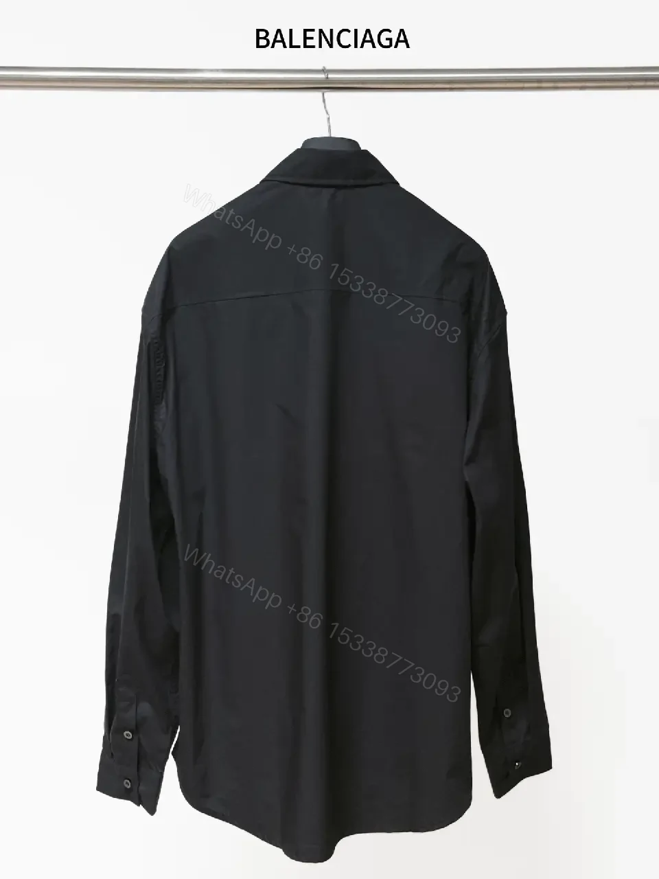 View 3 of Structured Minimalist Button-Front Shirt with Subtle Crest, Black
