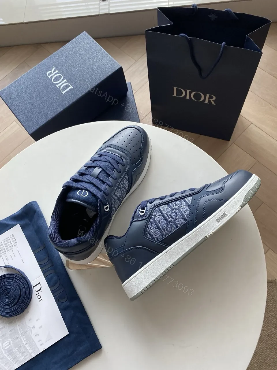 Navy Leather Dior-Style Monogram Sneaker with Textured Panels — view 1