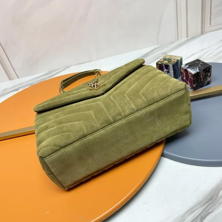 View 7 of Olive Suede YSL-Inspired Chain Shoulder Bag: Texture & Luxury