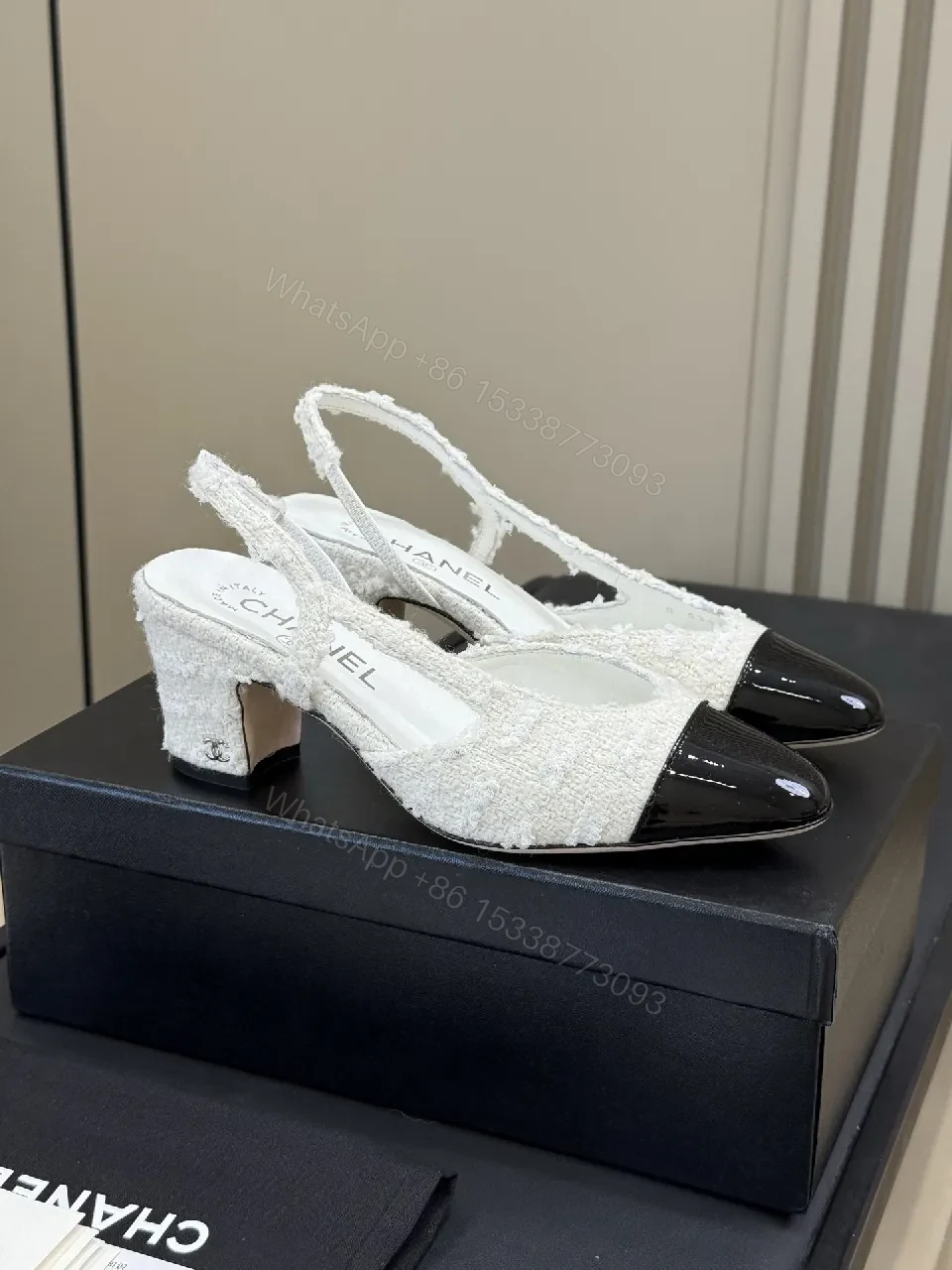 View 7 of White Tweed Patent-Toe Slingback Pumps with Mid-Heel