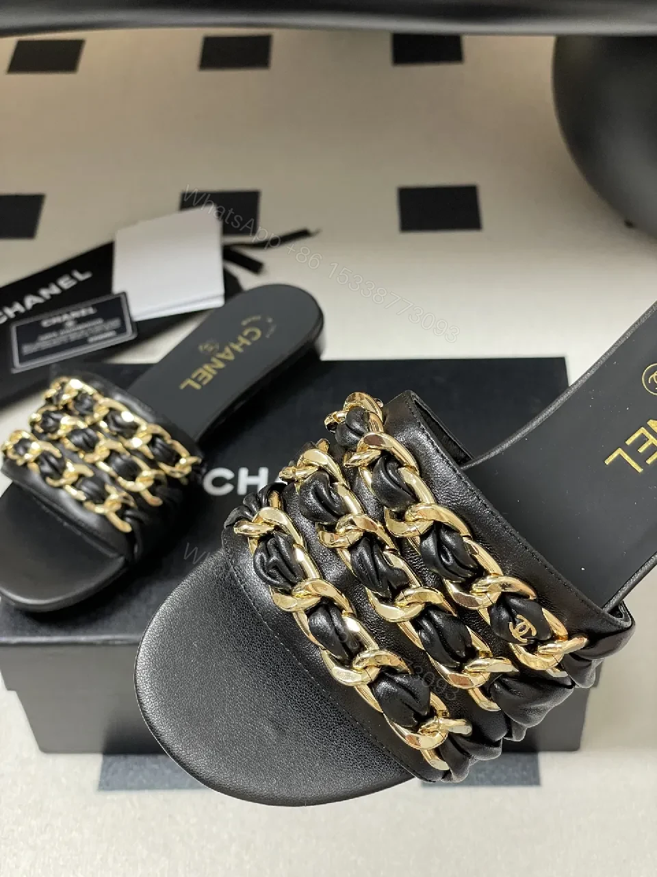 View 9 of Black Leather Slide with Gold Chain Detail – Luxury Everyday Comfort