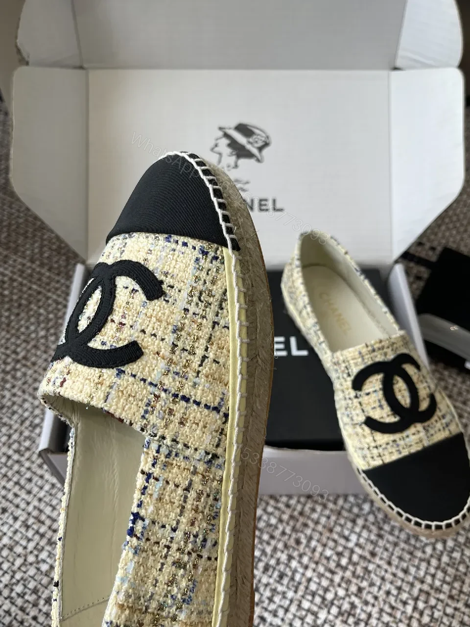 View 3 of Textured Tweed Espadrille Loafers with Logo Signature
