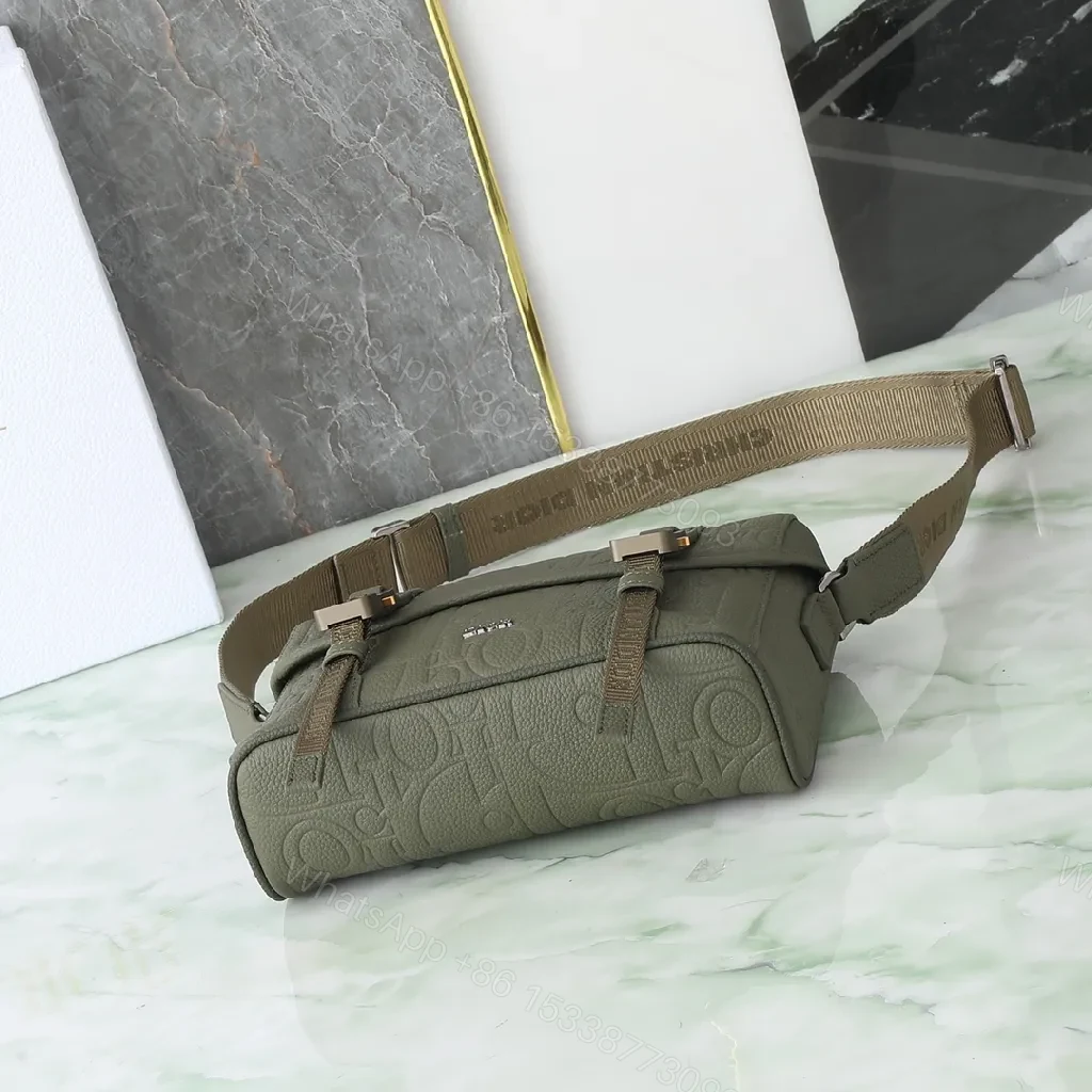 View 2 of Olive Green Compact Leather Messenger Bag with Monogram