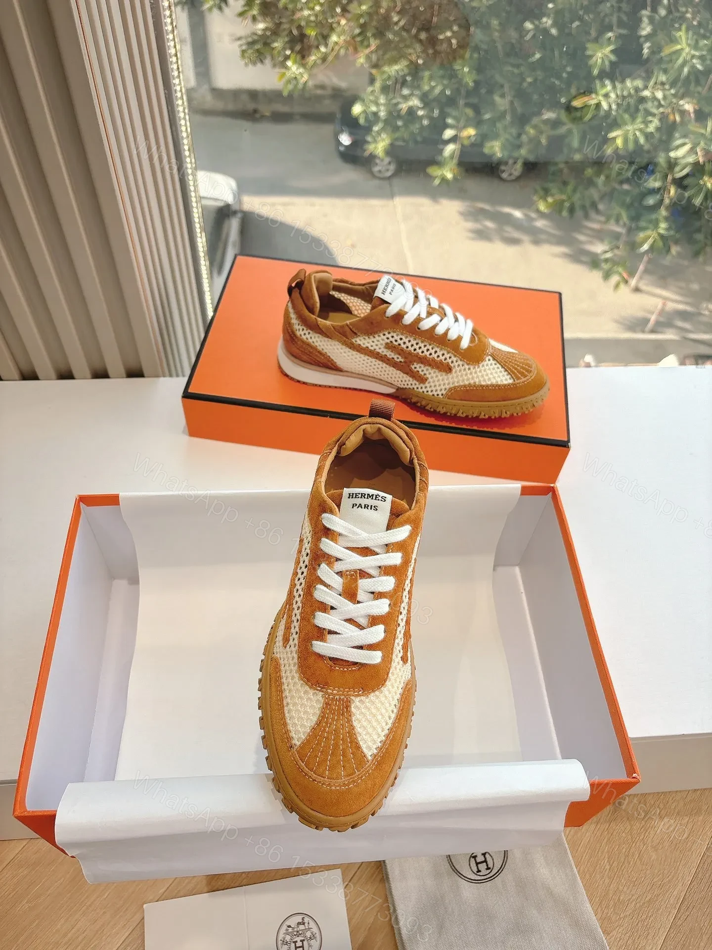 View 4 of Hermes Women Brown Mesh Suede Sneakers