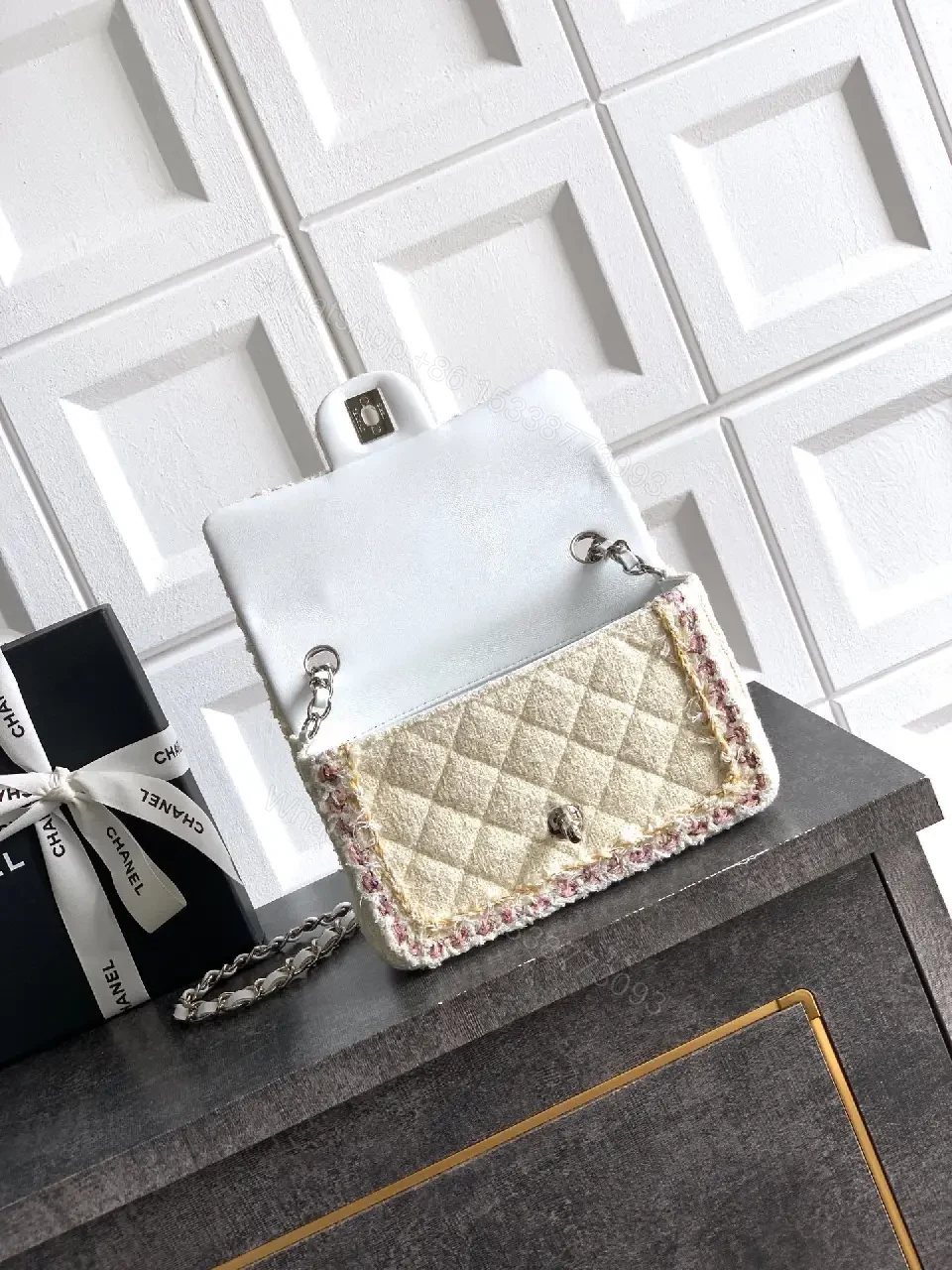View 7 of Quilted Mini Bag: Ivory-Texture Couture, Floral Edge, Chain