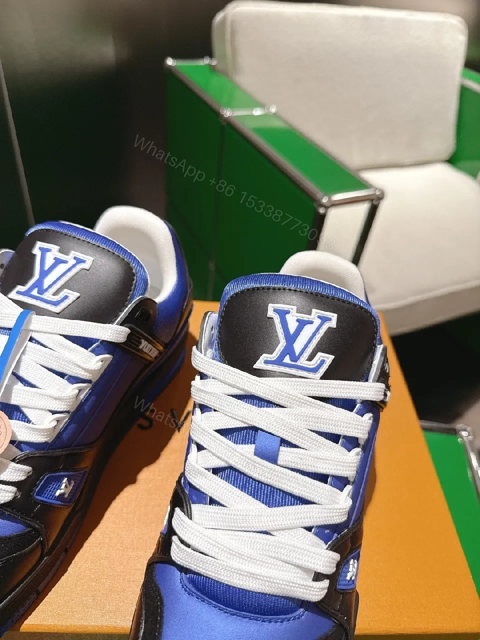 View 8 of Blue & Black High-Top Luxury Sneakers with Monogram Details