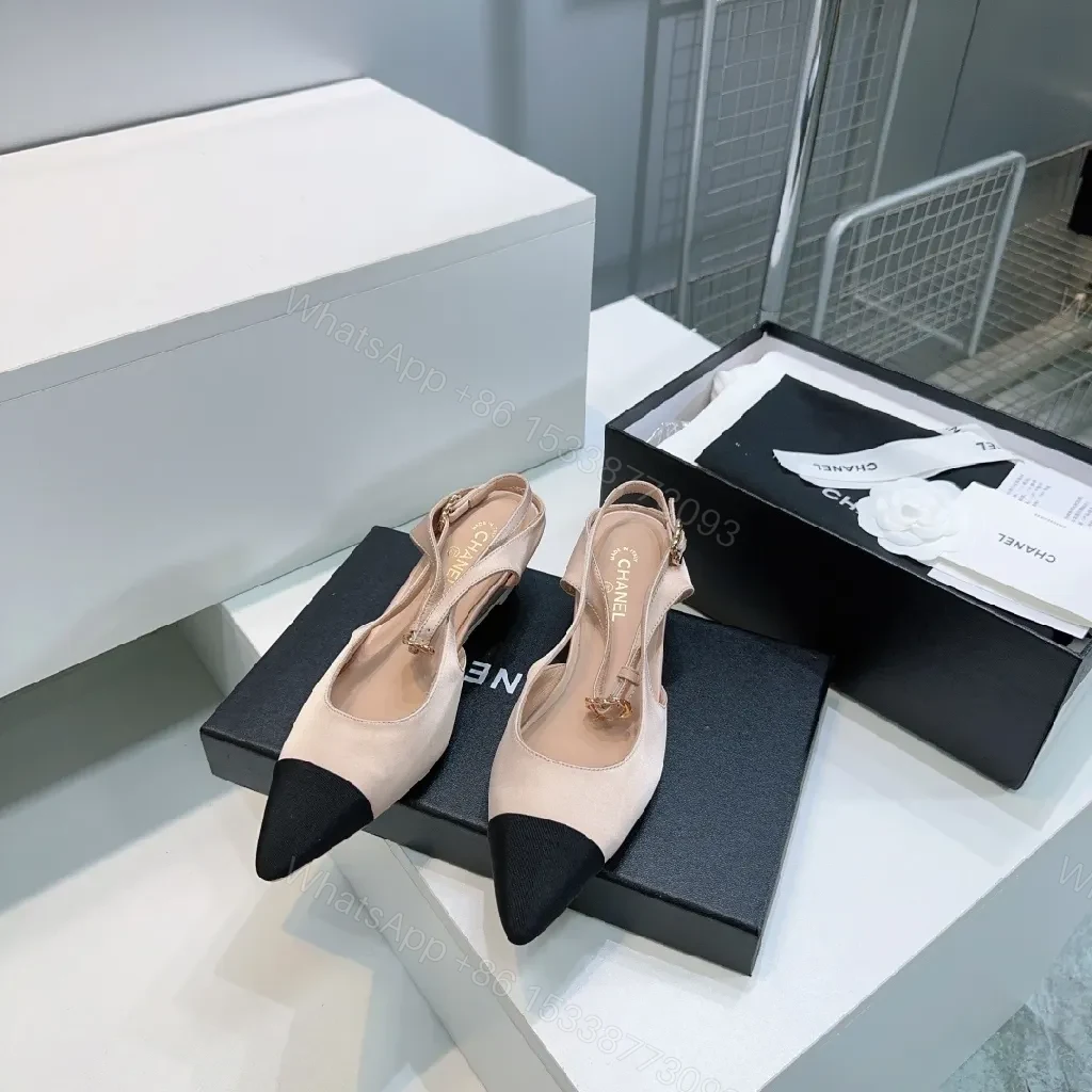 View 5 of Nude Leather Slingback Pumps with Black Cap Toe