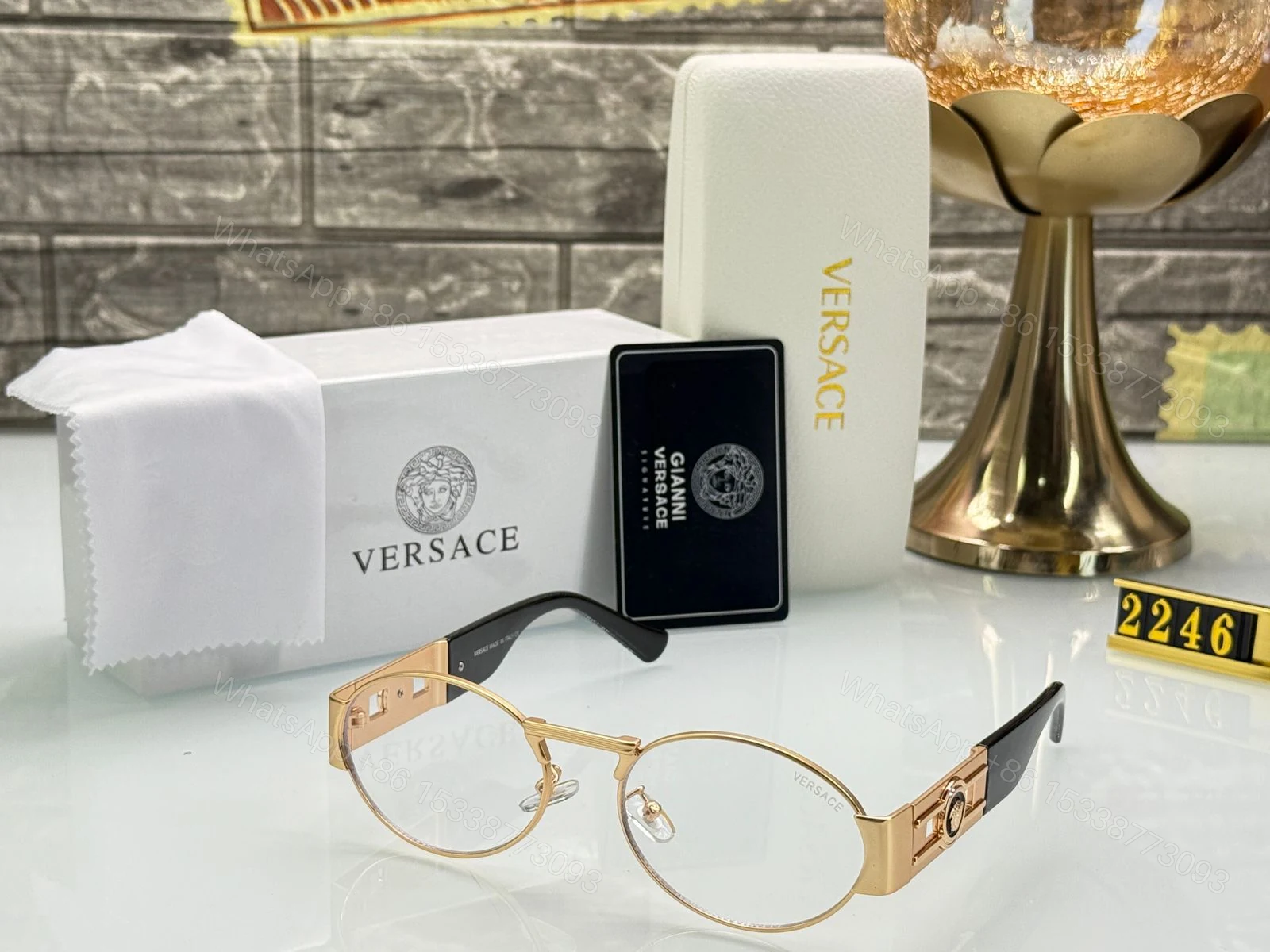 View 4 of Versace Oval Metal Sunglasses Gold Green