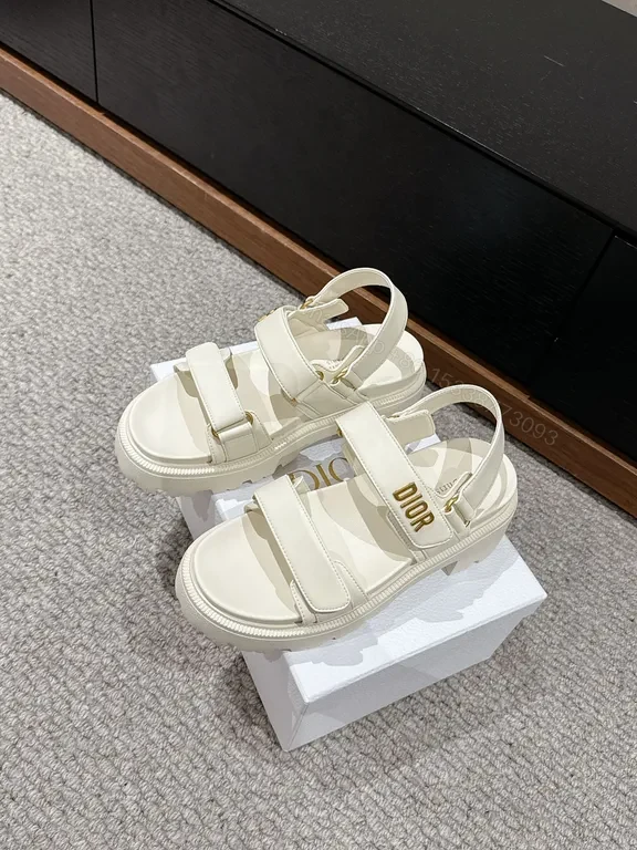 View 8 of Chunky White Leather Sandals with Gold Branding, Dior-Inspired