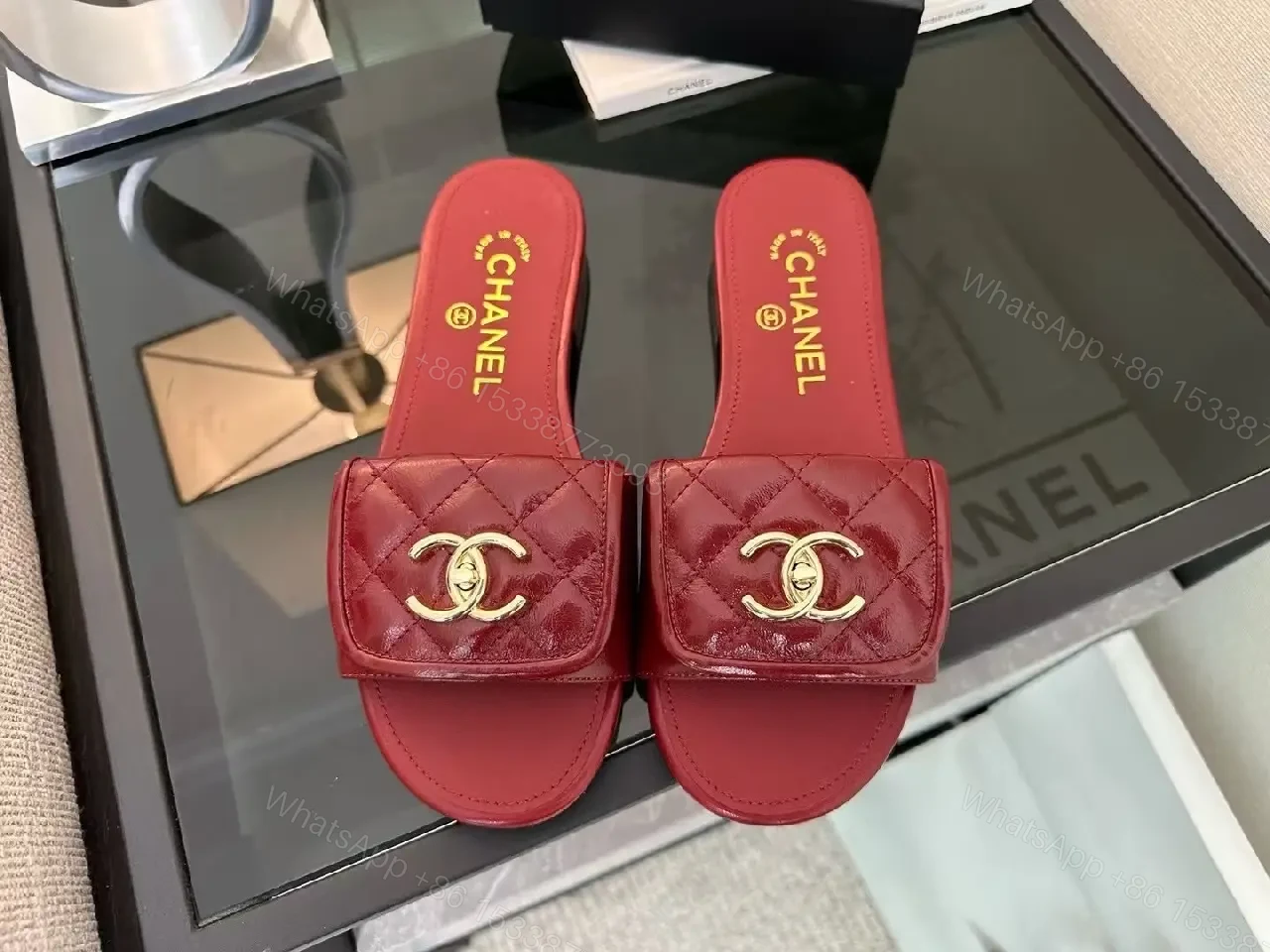 View 4 of Velvet Red Slides with Gold Hardware – Luxe Comfort