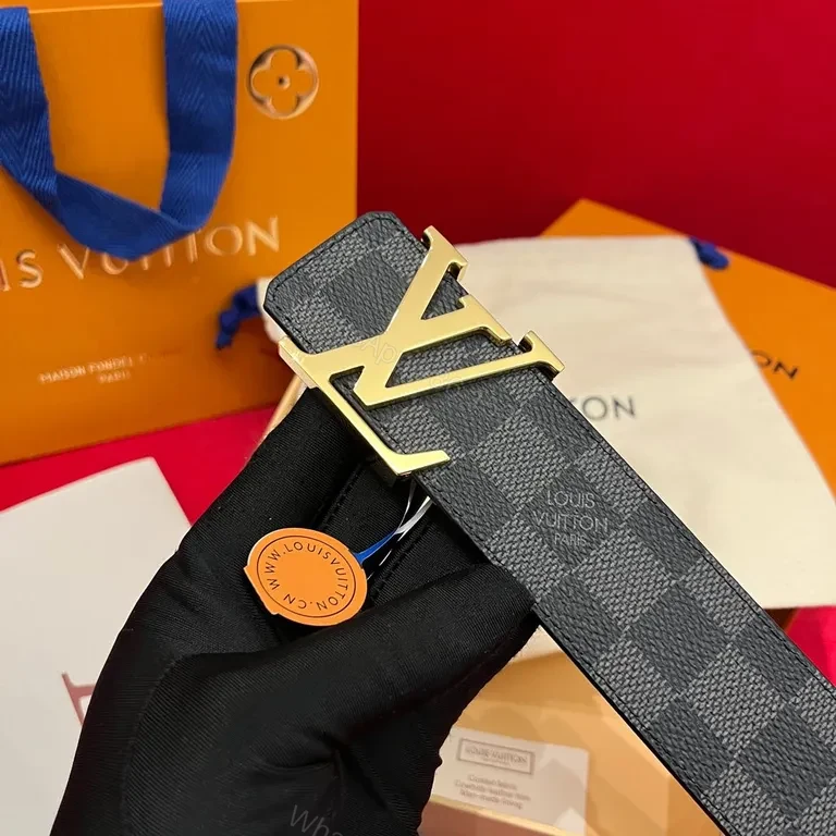 View 9 of Damier Signature Belt: Gold LV Buckle, Leather-Canvas Luxury