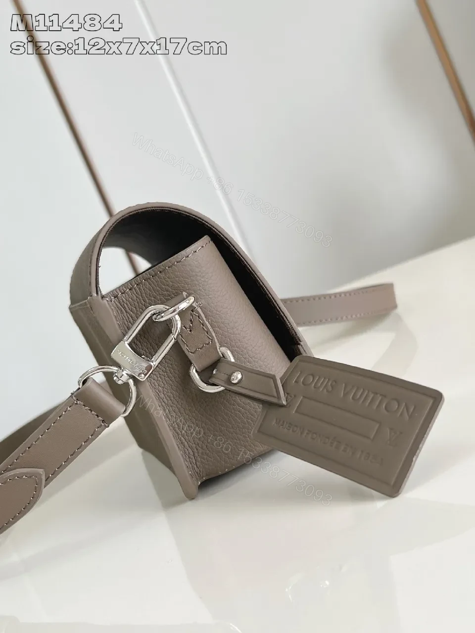 View 4 of Taupe Pebble-Grain Crossbody: Compact Luxury Bag with Subtle Logo