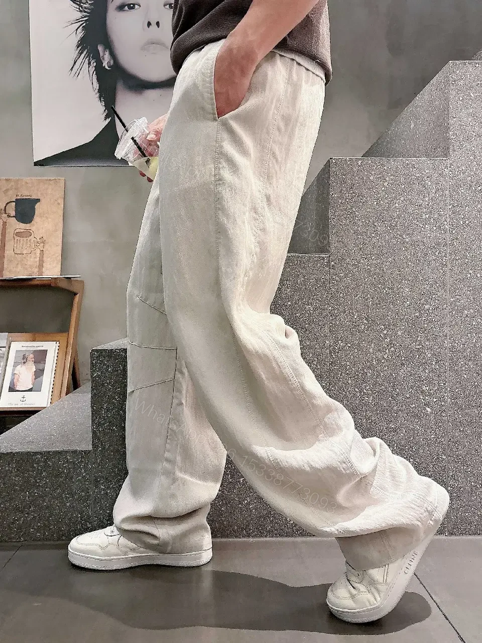 View 9 of Light Beige/Off-White Cargo Pants with Drawstring Waist, Relaxed Fit