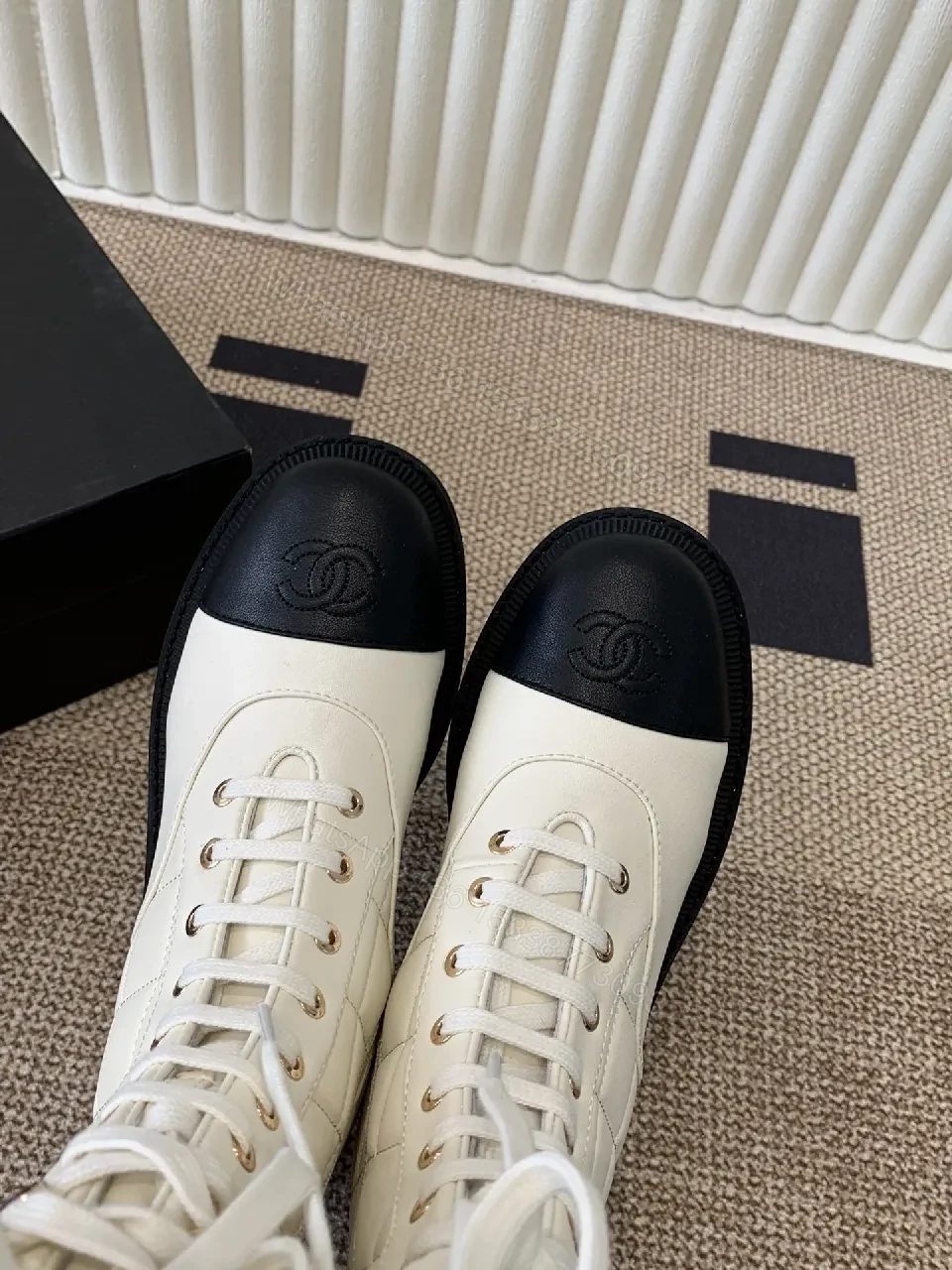 View 8 of Off-White & Black Leather Combat Boots with Luxe Lug Sole