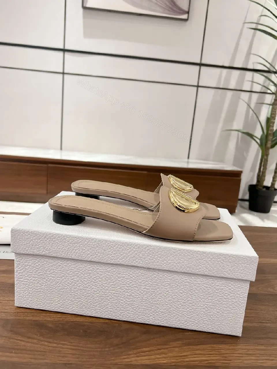View 3 of Beige Leather Slide Sandals with Gold Logo Buckle, Dior Style