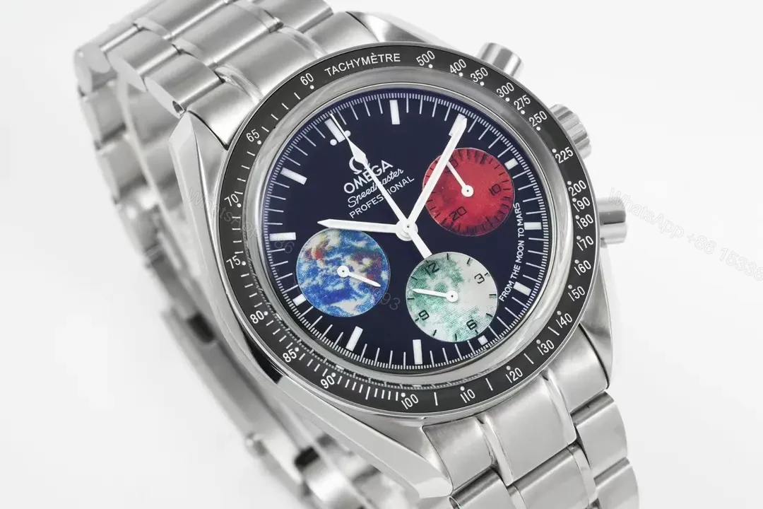View 3 of Omega Speedmaster Professional Chronograph Automatic Watch Blue Dial Red and Green Sub dials Stainless Steel Bracelet 44mm