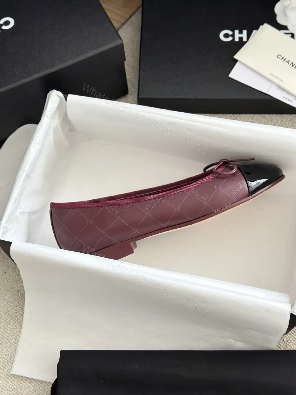 View 6 of Burgundy Satin Ballet Flats with Patent Cap Toe
