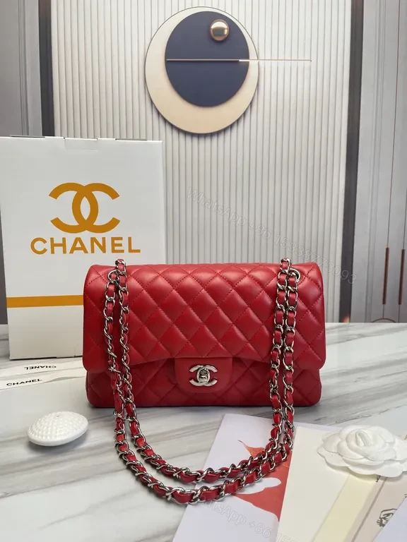 Red Quilted Chanel-Inspired Flap Bag with Silver Chain Bag — view 1