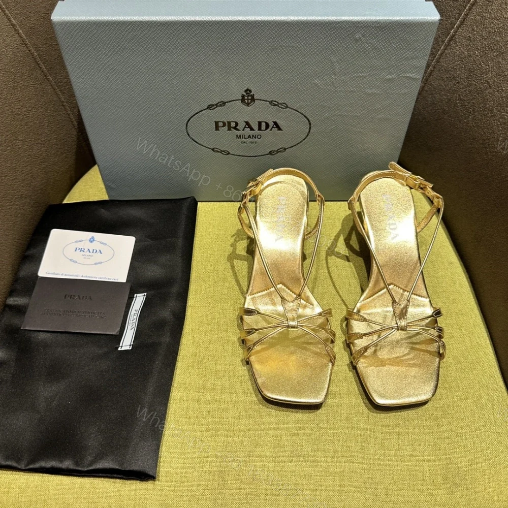 高仿Prada*1X504N方頭一字中踭涼鞋5.5CM金色免檢版 — view 1