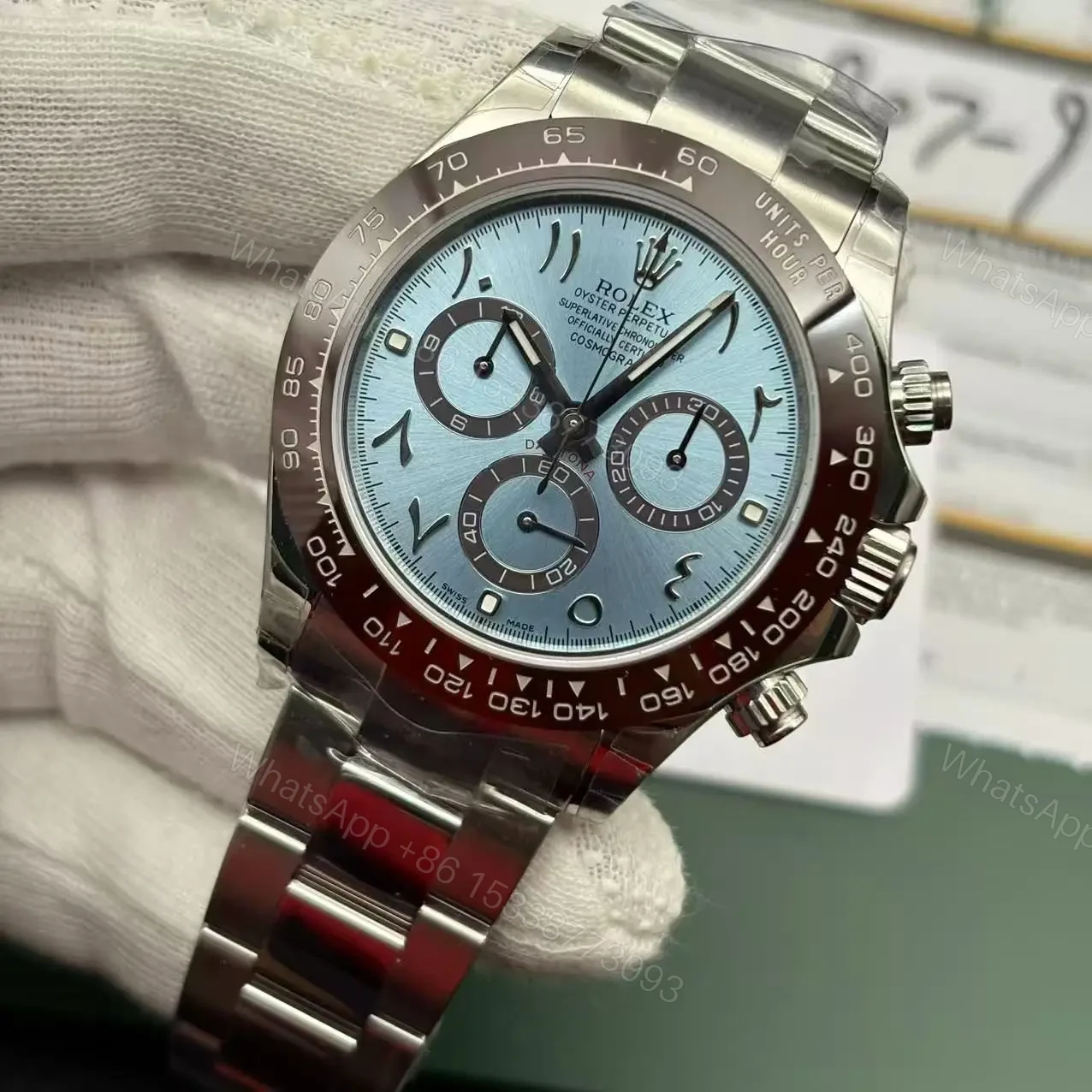 View 4 of Replica Rolex Daytona Ice Blue Arabic Dial Platinum Watch