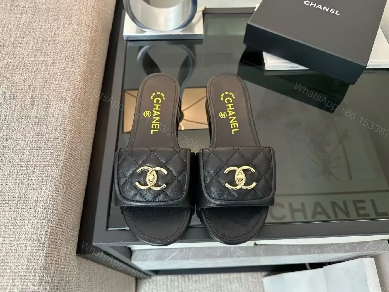 View 3 of Quilted Quinn Slides: Black + Gold Logo, Ultra-Comfort Slide