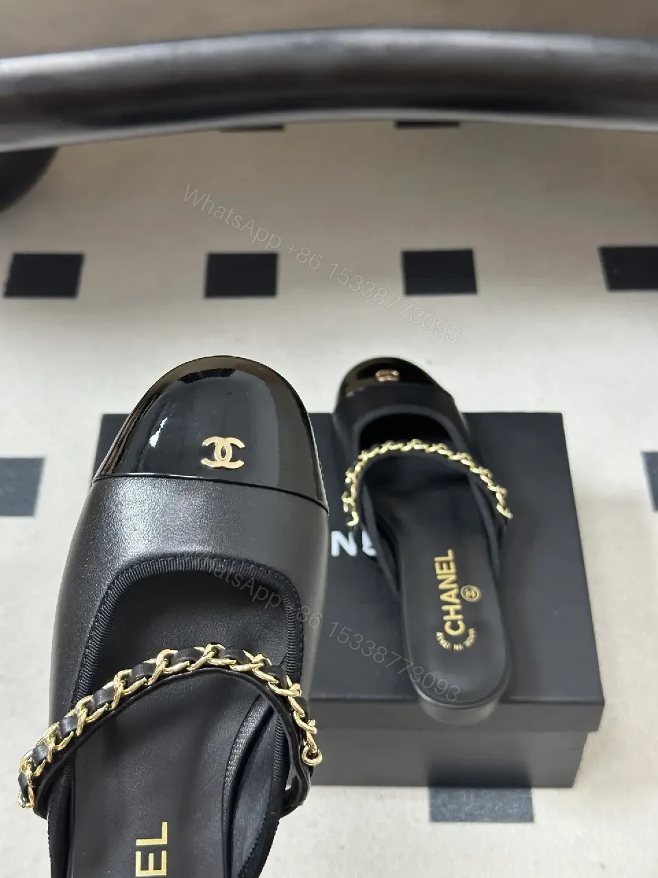 View 9 of Black Leather Flat Mules Chain-Detail Chanel-Style Slippers
