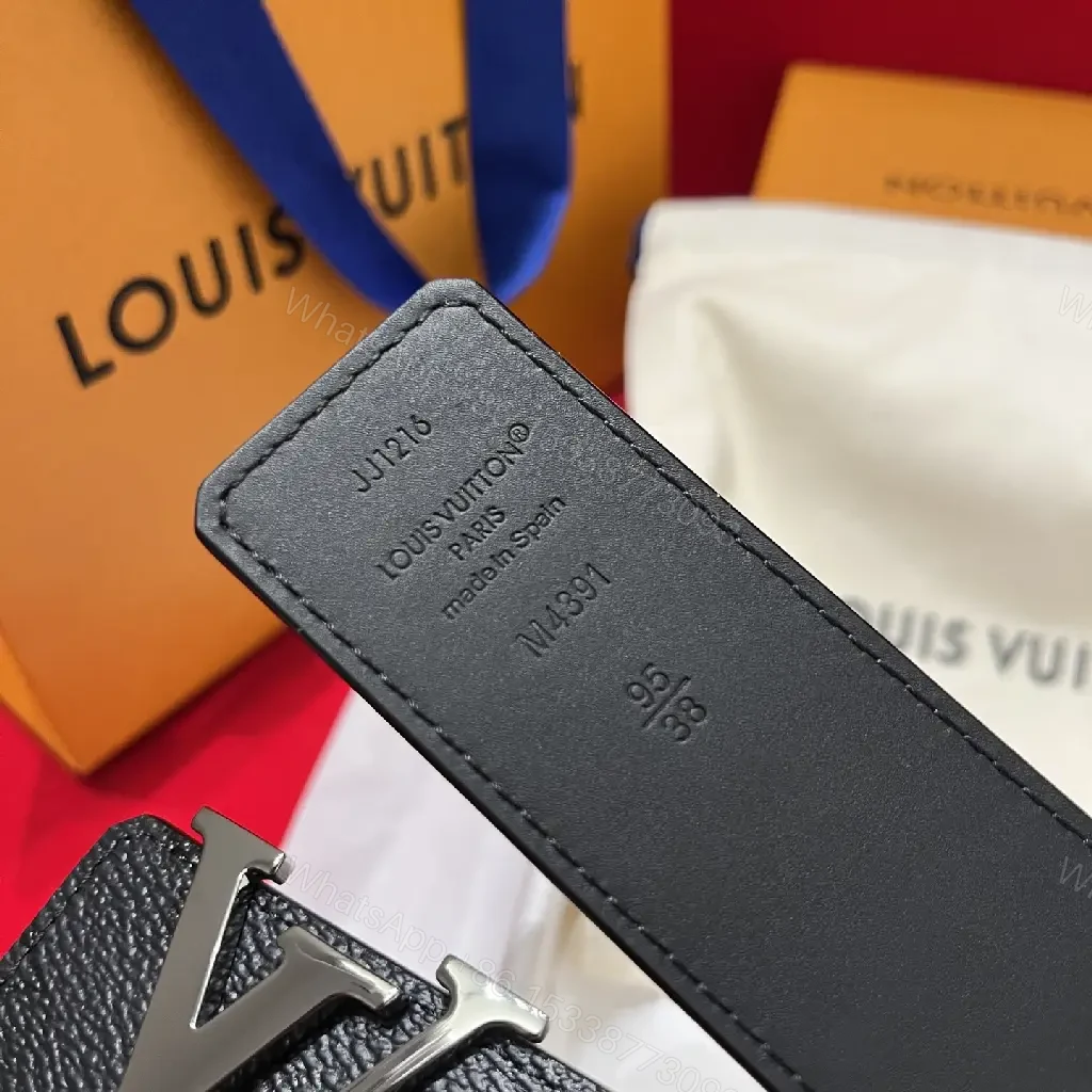 View 3 of Black Leather Belt - Pebbled Texture with Large Silver LV Buckle