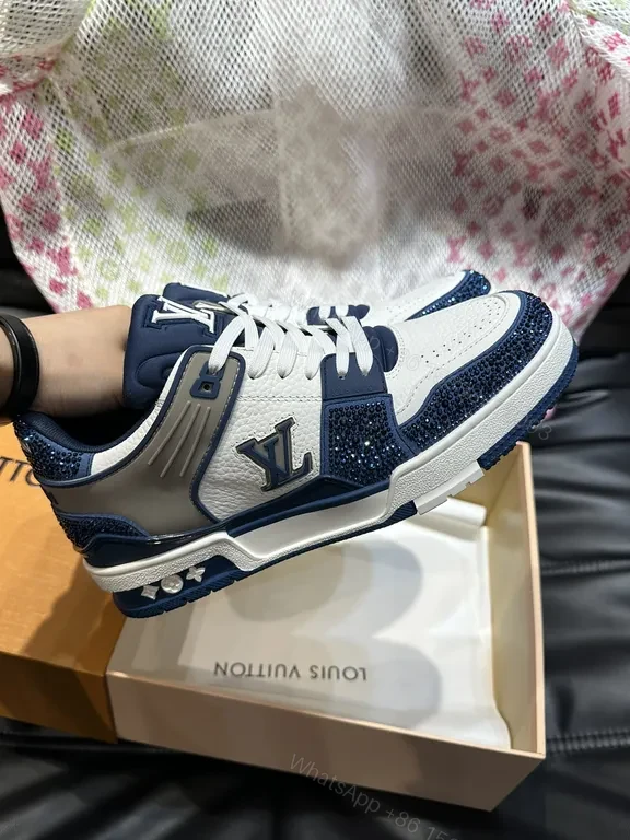 View 9 of White Leather Low-Top Sneakers with Navy LV Accent Brand-Logo