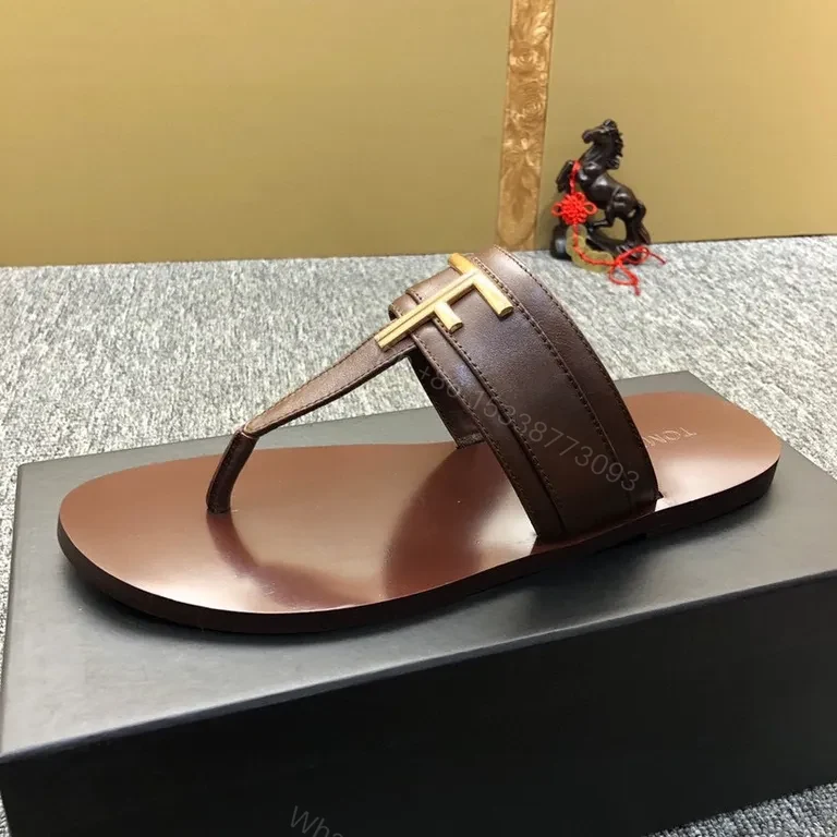 View 3 of Brown Leather T-Bar Sandal with Gold Hardware - Tom Ford Style