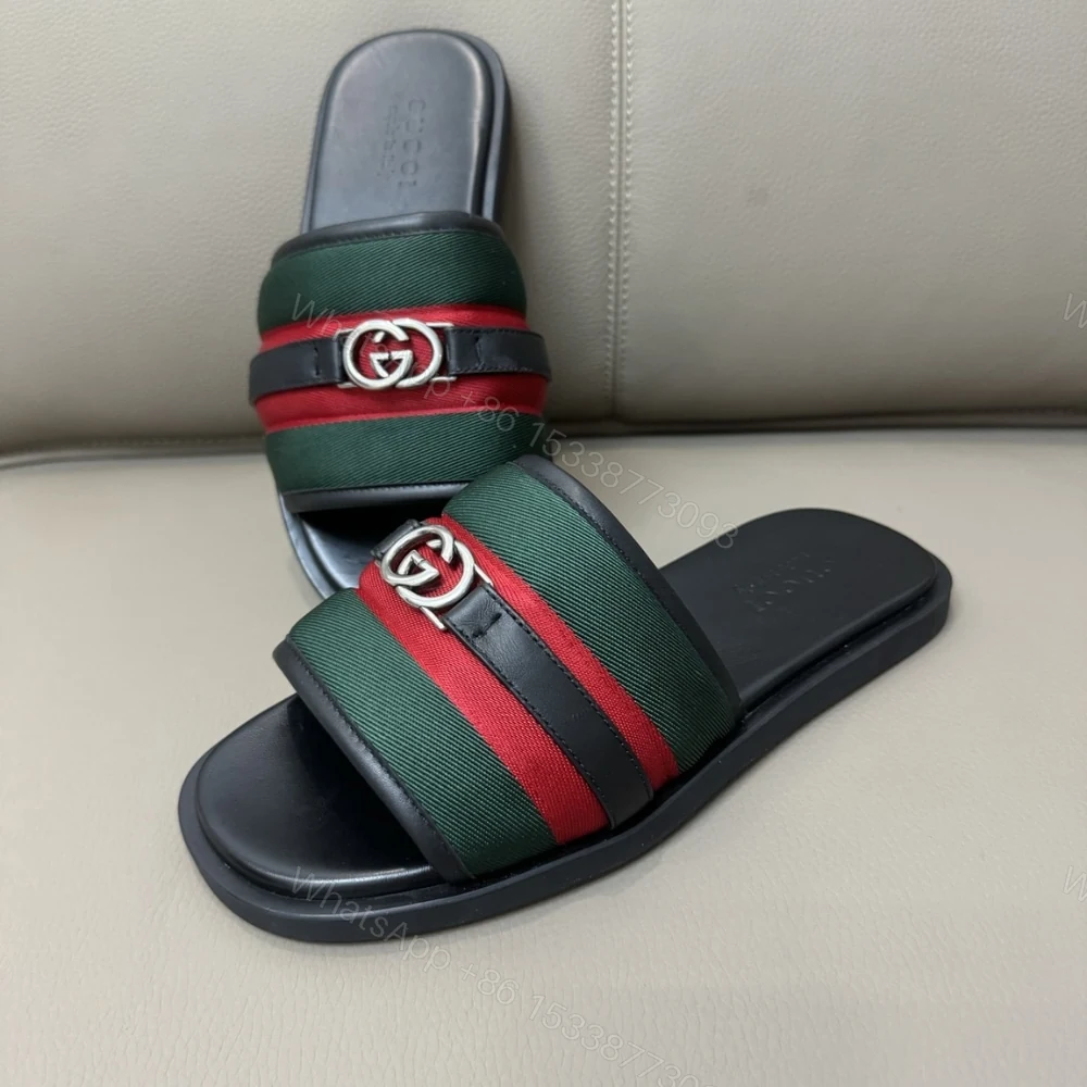 View 2 of Gucci Men Slide Sandal With Interlocking G Green And Red ‎835091 HAAHH 8449