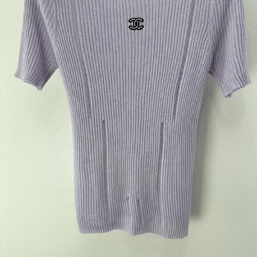 View 8 of Soft Lilac Knit Tee: Subtle Emblem, Effortless Luxury Top