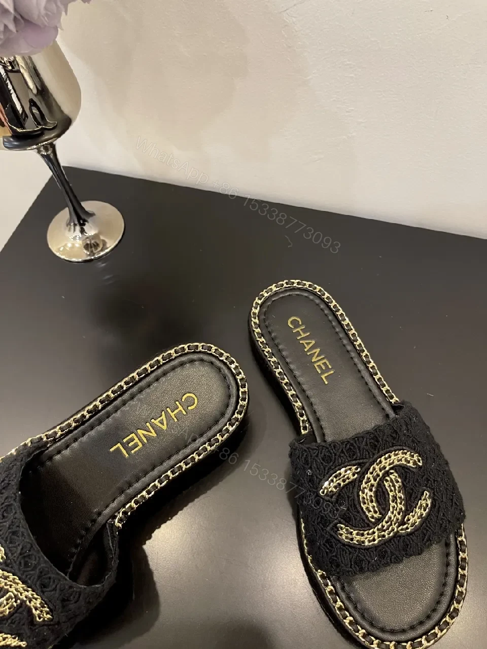 View 7 of Black Crochet Slide with Gold Chain Trim, Luxe Comfort
