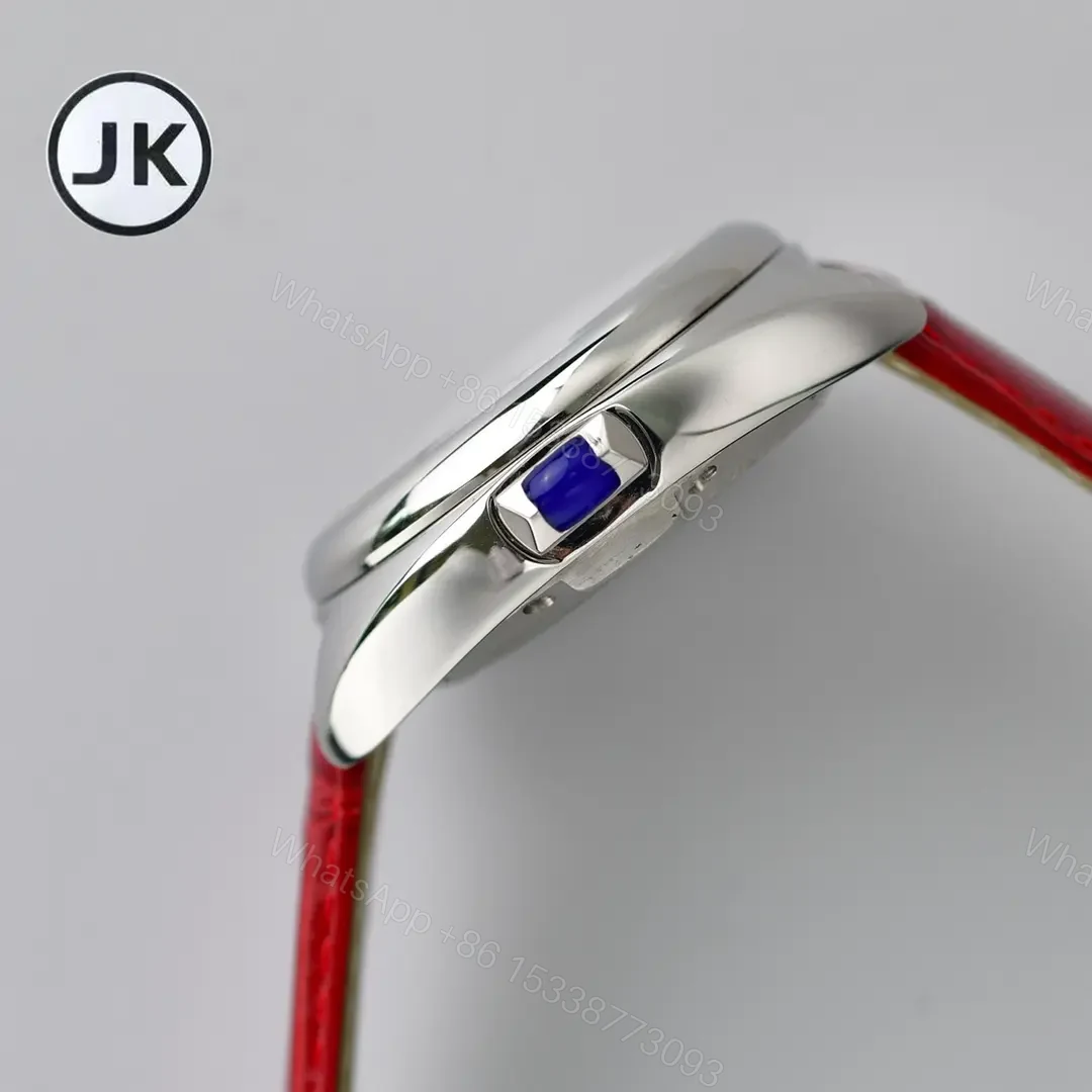 View 5 of V9 Factory Cartier CLE DE Cartier Automatic Watch – Silver Dial, Blue Hands, Red Leather Strap