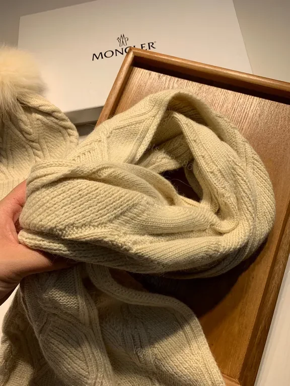 View 8 of Ivory Wool-Blend Moncler Beanie & Scarf Set, Cable Knit