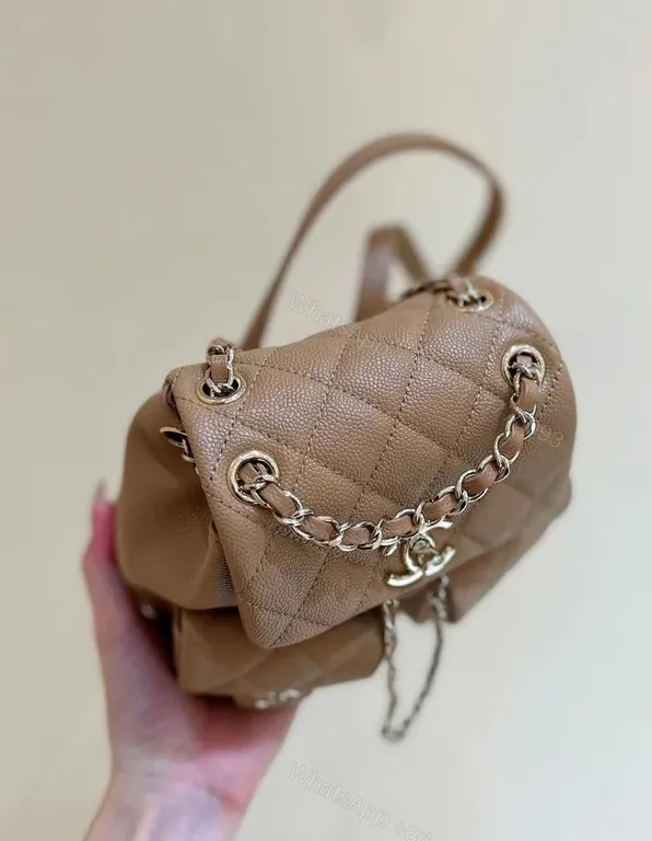 View 2 of Quilted Tan Mini Backpack: Luxe Chain-Detail Satchel