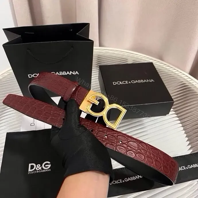 View 9 of Burgundy Crocodile-Texture Belt with Gold DG Buckle