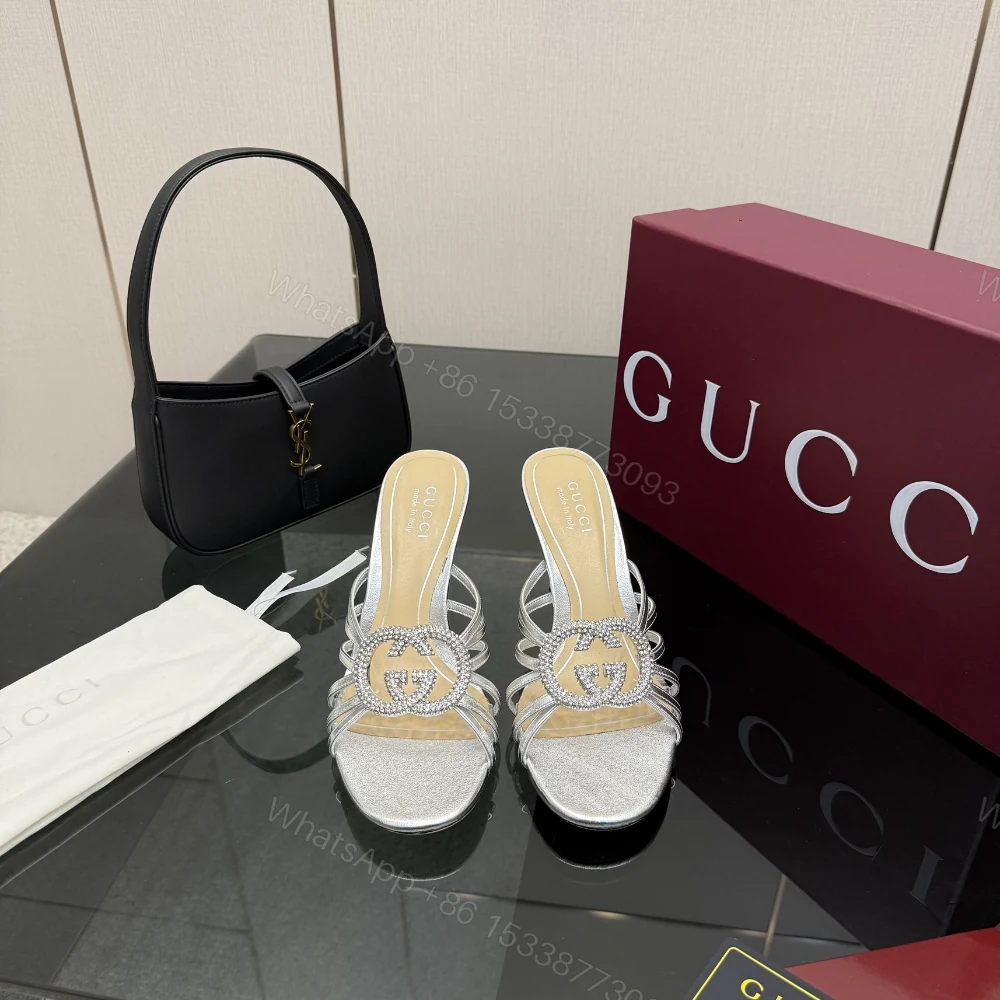 View 3 of Gucci Women Slide Sandal With Crystal Interlocking G Silver