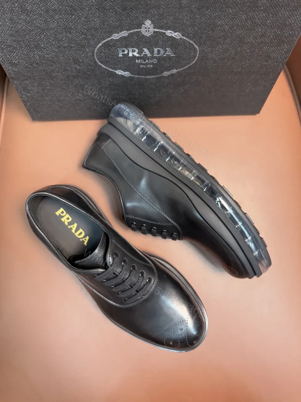 Black Leather Lace-Ups with Translucent Sole, Minimalist Futuristic Style, Premium Workday Shoe — view 1