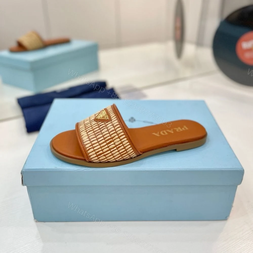 View 5 of Prada Leather Slides With Crochet Details Cognac Brown