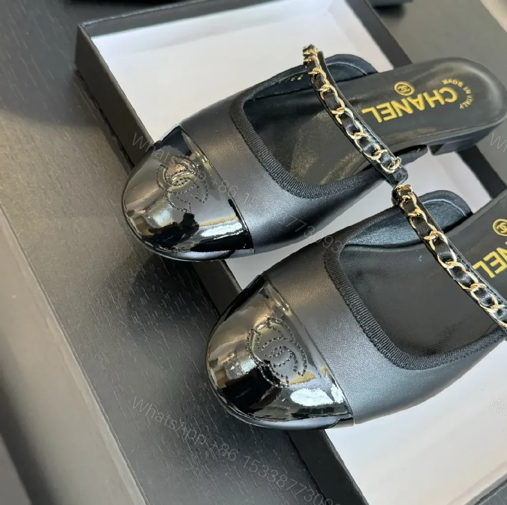 View 5 of Black Leather Slide Mules with Chain Detail - Luxe Casual Calm
