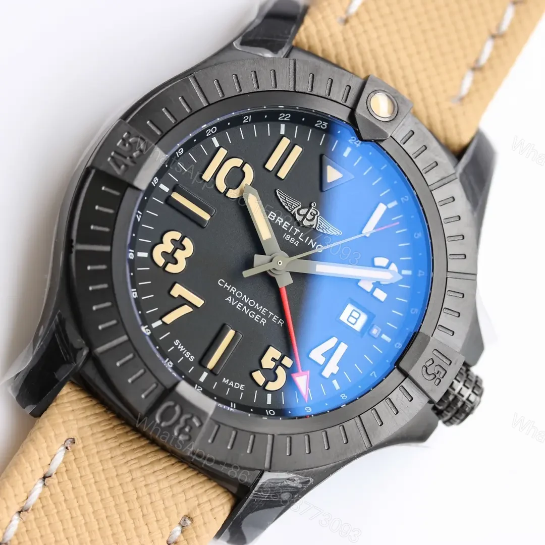 View 3 of V9 Factory Breitling Avenger Automatic GMT 45 Night Mission Watch – Black DLC Titanium Case, Beige Leather Strap, Super-LumiNova Arabic Numerals