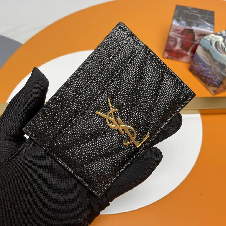 View 9 of Chic Black Textured Leather Wallet with Gold YSL Logo