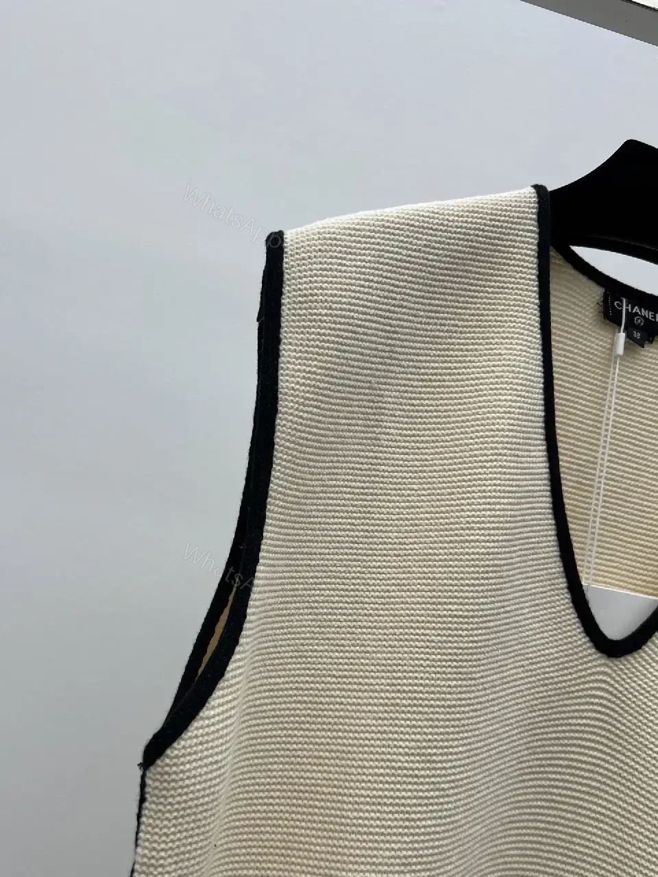 View 5 of Beige Knit Vest Black Trim V-Neck Chanel Logo Patch Tank Vest